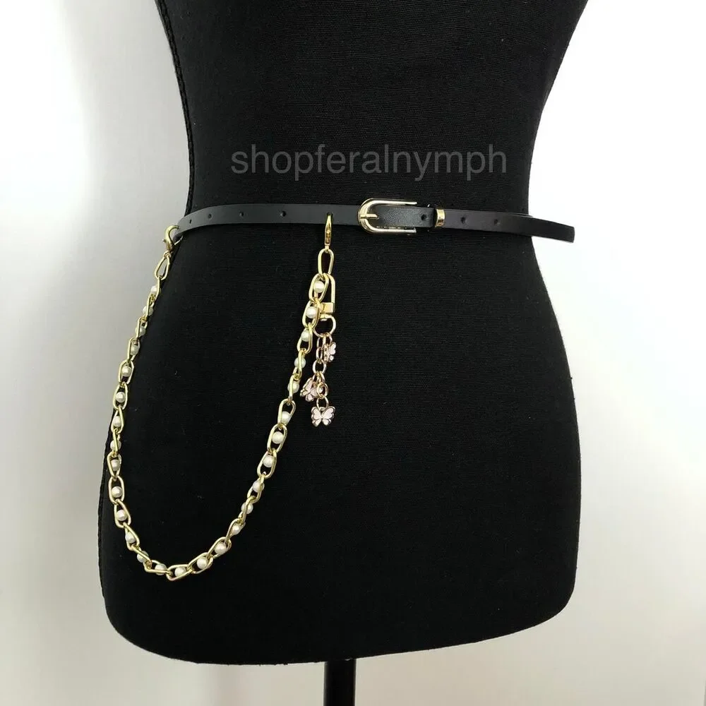 Vintage Y2K Coquette Butterfly Pearl Chain Belt, Fits 33.5–36 Inches, X7GA1194